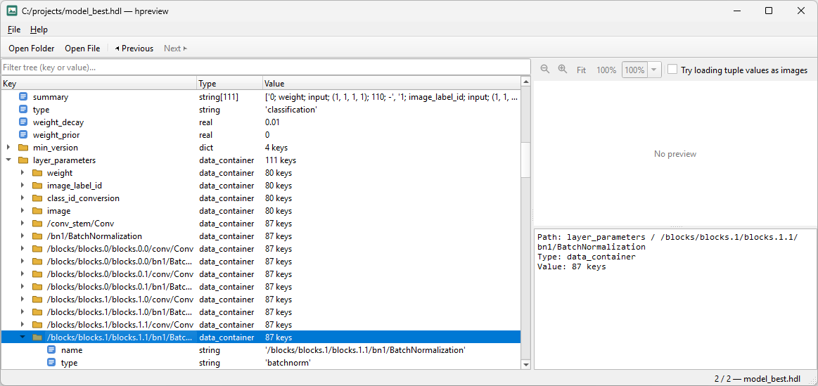hpreview bei der Inspektion der Layer-Parameter eines HALCON-Deep-Learning-Modells