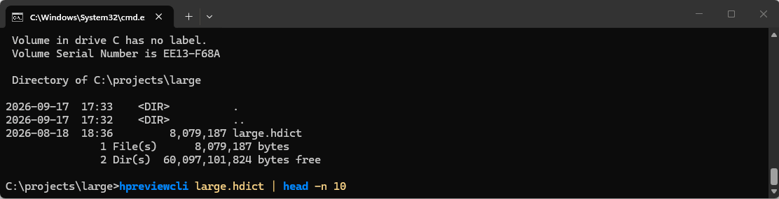 hpreviewcli running on Windows, dumping a dictionary and extracting iconic objects