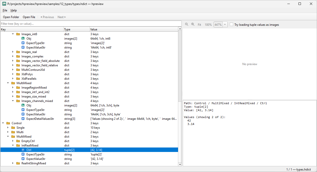 hpreview inspecting a deeply nested HALCON dictionary with mixed data types