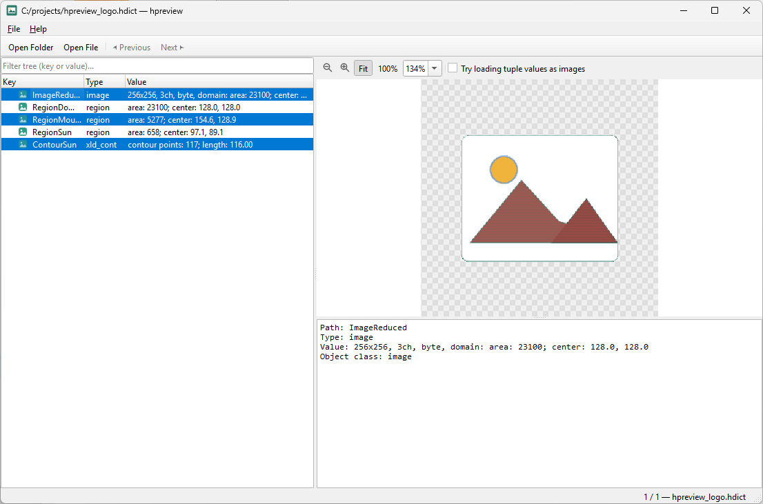 hpreview showing an image with region and contour overlays, alongside the object tree