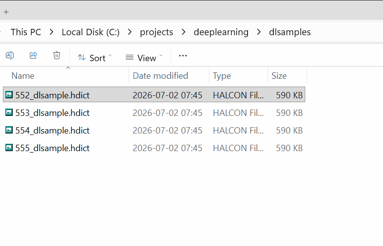 Windows Explorer showing HALCON dictionary files as opaque generic icons, then hpreview revealing an image stored inside one